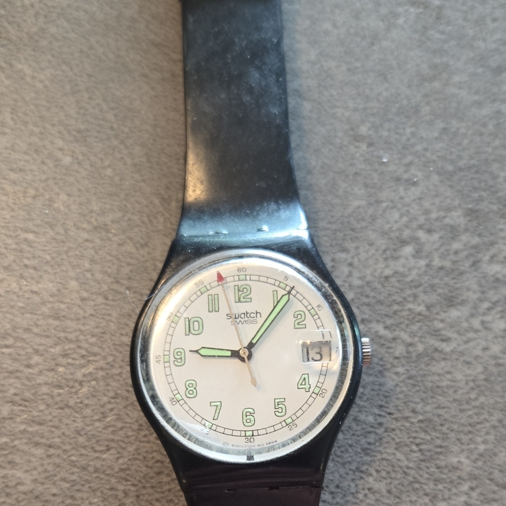Swatch Black Strap Watch with White Dial